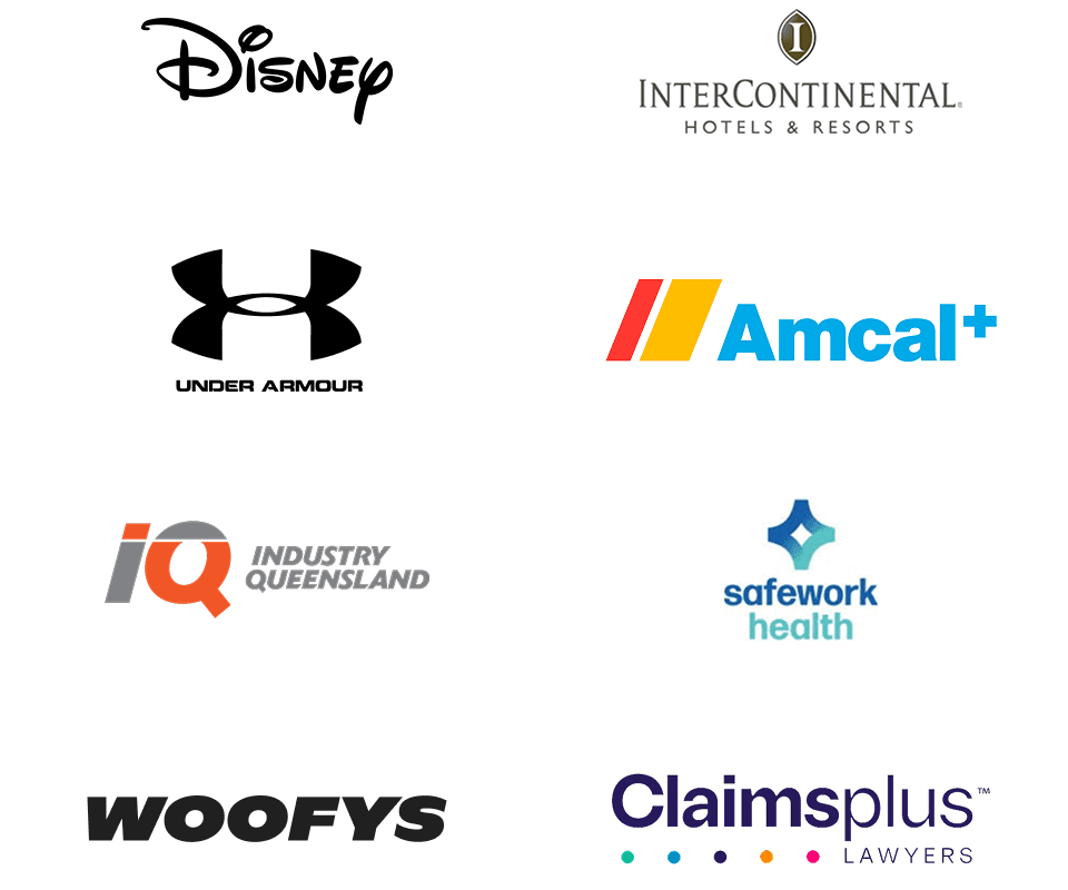 Client logos including Disney, InterContinental Hotels & Resorts, Under Armour, Amcal+, Industry Queensland, Safework Health, Woofys and Claimsplus Lawyers