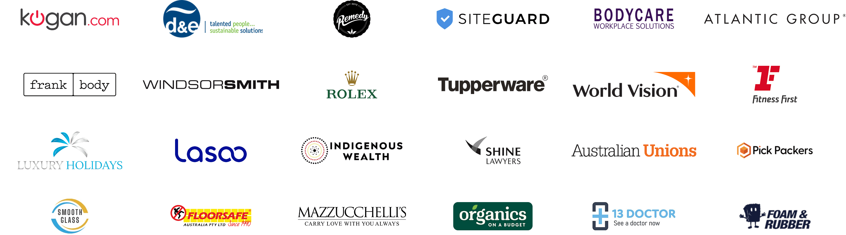 Client logos including Kogan, D&E, Remedy, SiteGuard, Bodycare, Atlantic Group, Frank Body, Windsor Smith, Rolex, Tupperware, World Vision, Fitness First, Luxury Holidays, Lasoo, Indigenous Wealth, Shine Lawyers, Australian Unions, Floorsafe, Mazzucchelli's, Organics on a Budget, 13 Doctor and Foam & Rubber
