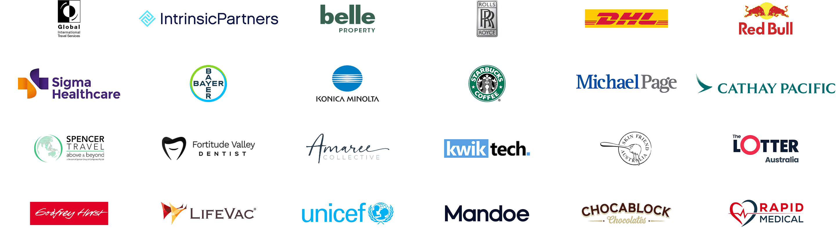 Client logos including Intrinsic Partners, Belle Property, Rolls Royce, DHL, Red Bull, Sigma Healthcare, Bayer, Konica Minolta, Starbucks, Michael Page, Cathay Pacific, Spencer Travel, Fortitude Valley Dentist, Kwiktech, Lotter Australia, Gatsby Hair, LifeVac, UNICEF, Mandoe, Chocablock and Rapid Medical